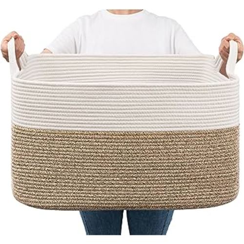 Goodpick Large Blanket Basket, Woven Basket for Storage Rectangle Dirty Clothes Basket for Laundry, Living Room, Nursery, Bedroom Rope Storage Basket for Blankets, Toys, 21.6" x 14.9" x 11.8", 65L