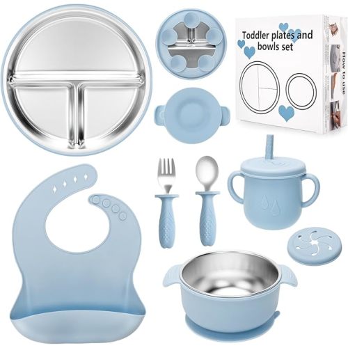 Stainless Steel Kids Plates and Bowls Set with Suction, Divided Baby Plate and Toddler Bowl with Removable Silicone Suction,Stainless Steel Weaning Bundle, Silicone Baby Feeding Set (Blue)
