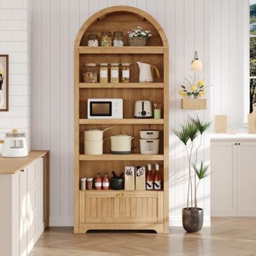 72" Arched Pantry Storage Cabinet - 5-Tier Open Shelves with Drawer, Anti-Tip Design for Living Room or Kitchen, Wood Color
