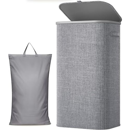 Lifewit 105L Laundry Basket with Lid, Large Laundry Hamper with Plastic Handles and Removable Bag, Foldable Tall Dirty Clothes Hampers for Laundry for Laundry Room, Bedroom, Bathroom, Dorm, Light Gray