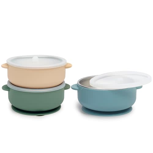 Aikosell Baby & Toddler Bowls | Stay-Put Suction | Silicone & Stainless Steel with Leakproof Sealed Lids (Set of 3) | Portable Baby Food Bowls