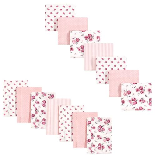 Hudson Baby Unisex Baby Cotton Flannel Burp Cloths and Receiving Blankets, 14-Piece, Rose, One Size