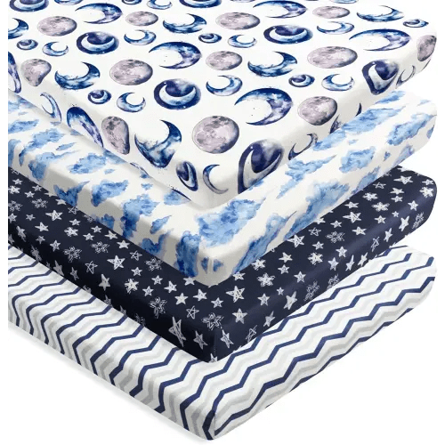 4 Pack Fitted Pack N Play Sheets for Baby Boys Neutral Unisex Breathable Soft Toddler Mini Crib Sheets for Pack and Play Mattress (Sky)