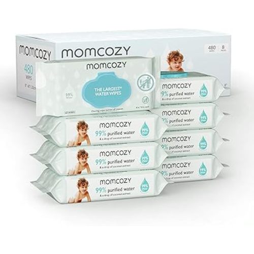 Baby Wipes, Momcozy Water Wipes-Extra Large Size Design, 99% Water Based Wipes, Unscented & Hypoallergenic, Cleansing & Moisturizing Baby Wipes for Sensitive Skin, 8 Flip-Top Packs (480 Wipes Total)