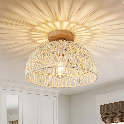 OCWHT Boho Ceiling Light Fixture Rattan Flush Mount Ceiling Light Bedroom Chandelier Hand-Woven Lamp Shade Wooden Base Small Chandelier Boho Ceiling Lamp for Hallway Nursery Kitchen