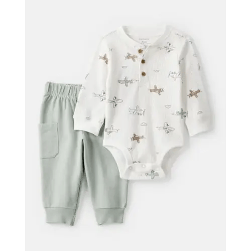 Baby Boy 2-Piece Airplane Thermal Bodysuit & Jogger Set - Green/White | Carter's