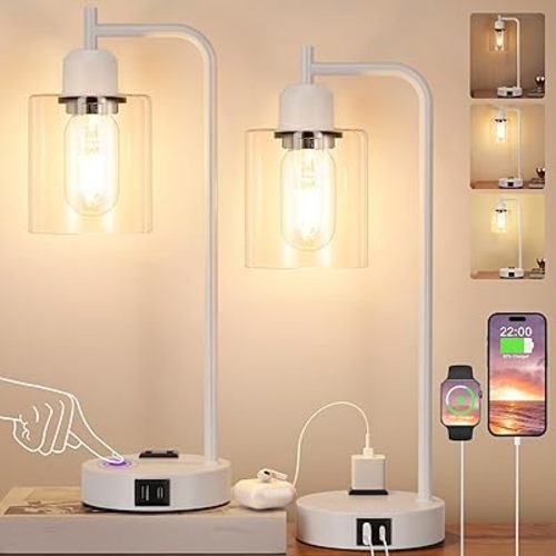 Innqoo Industrial White Table Lamps for Bedrooms Set of 2-3-Way Dimmable Desk Lamp with USB C+A Ports and Outlet, White Lamps with Clear Glass Shade for Living Room