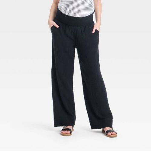 High-Rise Smocked Wide Leg Gauze Maternity Pants - Isabel Maternity by Ingrid & Isabel™ Olive Green M: Pull-On Style, Slash Pockets