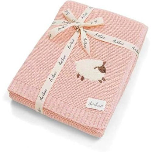Avibae Knitted Cotton Baby Blanket 40x30in, Newborn Swaddling Receiving Blanket for Crib Stroller, Soft and Cozy Infant Blanket for Baby Boys and Girls(Lamb Pink)
