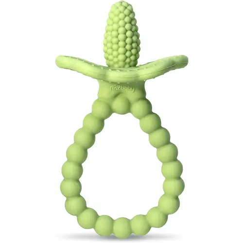 RaZbaby Silicone Baby Teether, BerryBumps Textured Silicone Soothes Babies’ Sore Gums, Infant Front and Back Teething Relief Toy, BPA Free, Easy-to-Hold, RaZberry Plus Fruit Shape, 3M+ – Green
