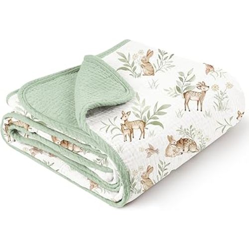 Konssy Muslin Baby Blankets for Girls Boys, 100% Cotton Crib Blanket for Infant Toddler, Super Soft and Lightweight Nursery Swaddling Wrap 40"x36" (Woodland)