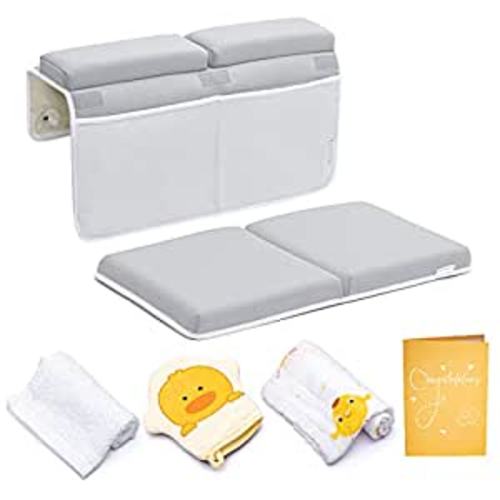 Bath Kneeler and Elbow Rest Pad, 1.75 inch Extra Thick Baby Bath Kneeling Pad and Elbow Pad for Bathtub. Bath Tub Elbow Pad with Infant Toy and Baby Accessories Organizer, Grey - Gray - Large (Pack of 1)