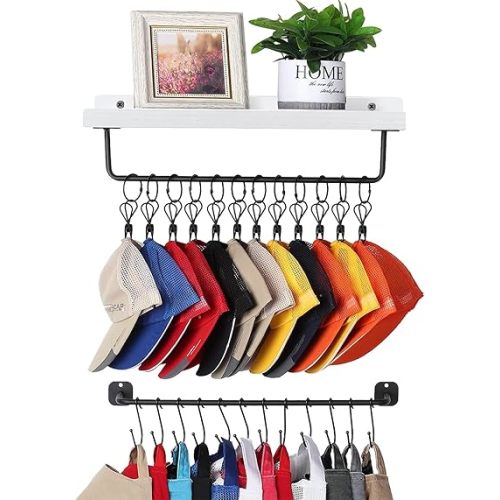 Hat Hanger for Wall with Shelf for 24 Baseball Caps Hat Organizer with 12 Clip and 12 Hook Metal Hat Holder Hat Rack for Baseball Caps Trucker Hat Vintage White