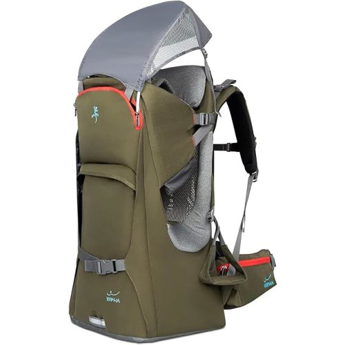 WIPHA Baby Backpack Carrier, Ergonomic Child Carrier Hiking with Sun Canopy, Safe Toddler Hiking Backpack Carrier with Large Storage Space&Insulated Pocket, Adjustable Padded Child Seat