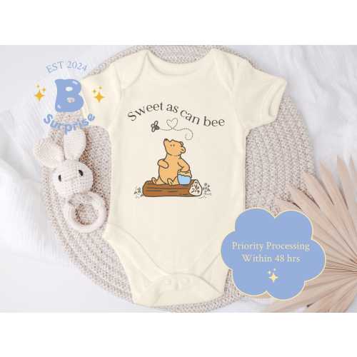 Sweet As Can Be Baby Pooh Bear Onesie® - Minimalist Bodysuit -Announcement Bear Bodysuit - Trendy Baby Onesie® - Natural Pooh Kids Shirt