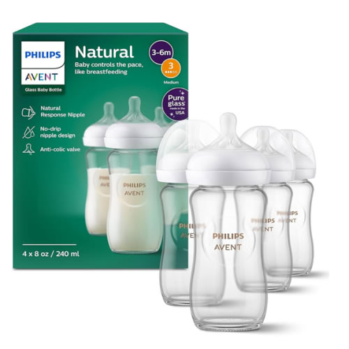 Philips Avent Natural Glass Baby Bottles with Natural Response Nipples (Medium Flow, Flow 3), 8oz, 4-Pack, SCY913/04