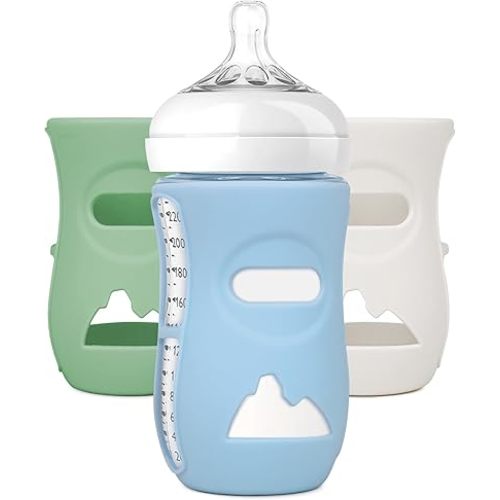 3 Pack Silicone Sleeves for Avent Natural Glass Baby Bottles, Protection and Insulation, Baby Bottle Sleeve Compatible with Avent Glass Bottles 8 oz, Dishwasher Safe (Blue+Green+Grey)