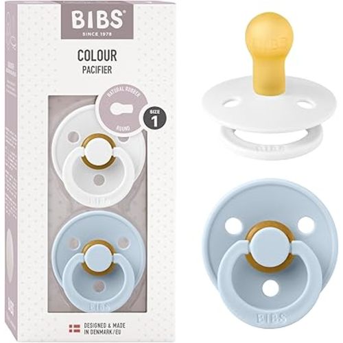 BIBS Pacifiers Colour Collection, Natural Rubber Baby Pacifier, Set of 2 BPA-Free Soothers, 0+ Months (Pack of 2), Baby Blue/White