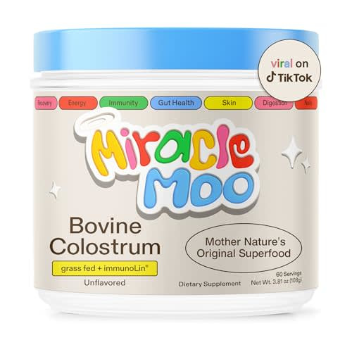 Miracle Moo Colostrum Supplement for Gut Health, Hair Growth, Beauty and Immune Support - Easy to Mix Grass Fed Bovine Powder - Highest IgG Plus ImmunoLin, Unflavored 60 Servings
