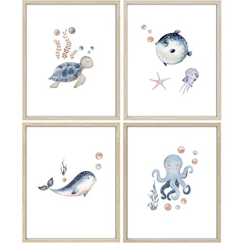 AIOAIFUT Ocean Wall Art, Sea Turtle Octopus Whale Pictures for Bathroom Decor, Set of 4, 8 x 10 inches, Unframed