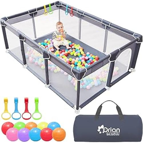 Orian Baby Playpen 50x74 XL Size for Babies and Toddlers, Oxford Fabric, Indoor & Outdoor Play Pen, Includes 10 Colorful Balls, 4 Pull Up Rings, Carry Bag