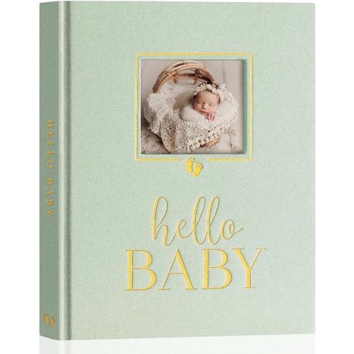 Lanpn Baby Memory Book Journal, Newborn First 5 Year Keepsake with DIY Window, Linen Baby Photo Book Memories Keepsake Scrapbook, Baby Milestone Album for Boy Girl New Parents (Sage Green, 154 Pages)
