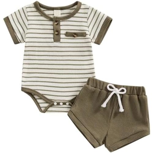 Kuriozud Newborn Baby Boy Summer Clothes Button Short Sleeve Romper Bodysuit Shorts Set Toddler Soft Waffle Outfit