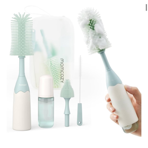 Momcozy Bottle Brush Kit, Innovative Push-Press Design for Better Cleaning - Baby Bottle Cleaner Brush for Baby Bottle, Breast Pumps, Nipples, and More - Can Generate Foam for Better Cleaning, Green