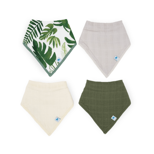 Cotton Muslin + Fleece Bandana Bib 4 Pack - Tropical Leaf
