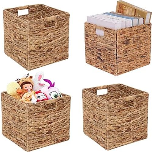 Storage Baskets Wicker Cube Baskets Foldable Handwoven Water Hyacinth Laundry Organizer,Set of 4 pcs Baskets-11x11x11inch