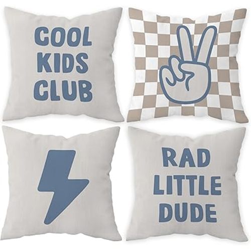 Preppy Retro Beige Lightning Peace Hand Sign Cool Kids Club Decorative Throw Pillow Covers,Trendy Preppy Pillow Cases Cushion for Home Boy Teen Room Dorm,Teen Boys Gifts,18×18 Inch Set of 4