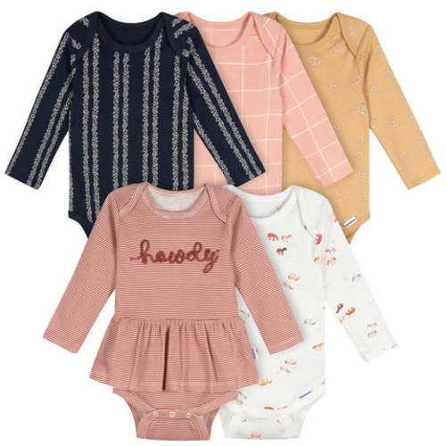 5-Pack Baby Girls Horses Long Sleeve Bodysuits