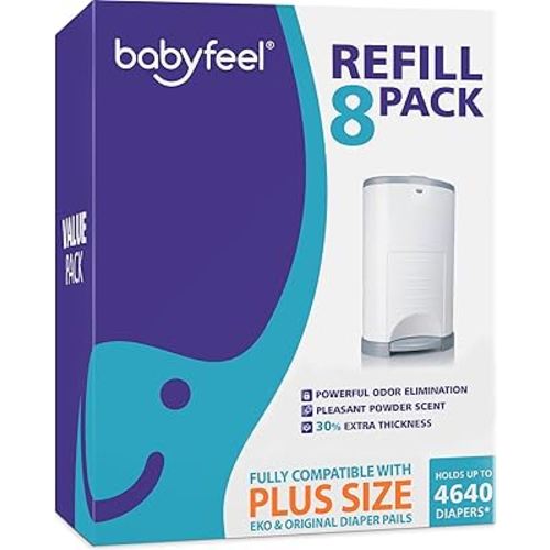 Babyfeel Refills for DEKOR PLUS Diaper Pails, 8 Pack, Exclusive 30% Extra Thickness, Fresh Powder Scent, Holds up to 4640 Diapers