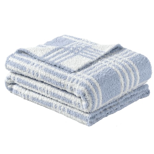 CREVENT 30"X40" Cozy Soft Warm Chenille Baby Blanket for Girls Boys, Newborn Essentials for Infant, Baby Shower Receiving Gift - Line Checked Blue 75X100cm