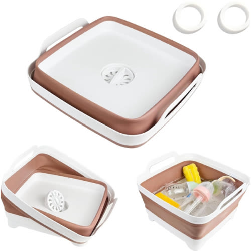 Collapsible Wash Basin for Baby Bottles - 2.4 Gallons Portable Wash Bin for RV Camping Sink, Space-Saving Dish Tub (Mocha)