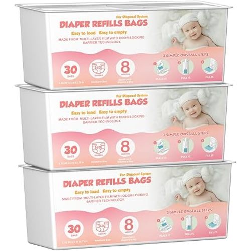 Diaper Pail Easy Roll Refill Bags with 30 Bags Compatible with Genie Easy Roll Signature Diaper Pails, 7-Layer Odor-Barrier Technology,Lasts Up to 8 Months, 90 Bags (Pack of 3)