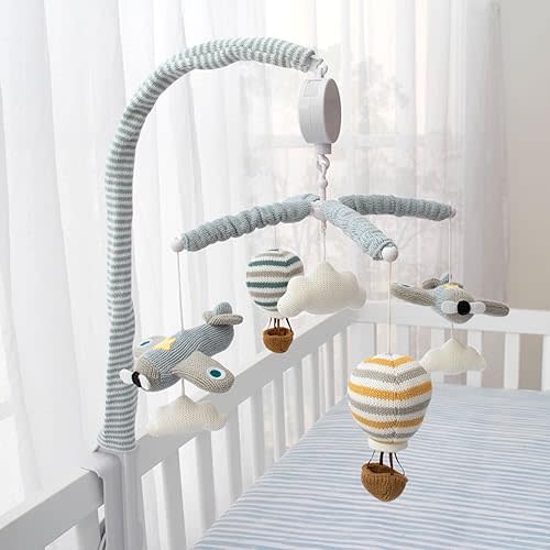LIVING TEXTILES Baby Music Mobile - Up & Away Crib Toy, Sky Hot Air Balloon,Clouds Planes, Musical Nursery Decor, Calming Soother with 12 Lullabies Essential Perfect Toy for Boys Girls, Blue