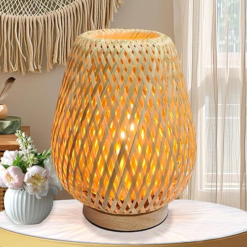 Bamboo Table Lamp, Vintage Wicker Nightstand Lamps, Timing Dimming Function, Boho Woven Rattan Table Lamp for Bedroom Living Room Desk, 2700K T45 LED Bulb Included