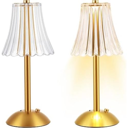 Liliful 2 Pcs LED Portable Cordless Gold Table Lamp Touch Battery Operated Rechargeable Desk Lamp 3 Color Dimmable for Bedroom Living Room Dining (Rose Style)