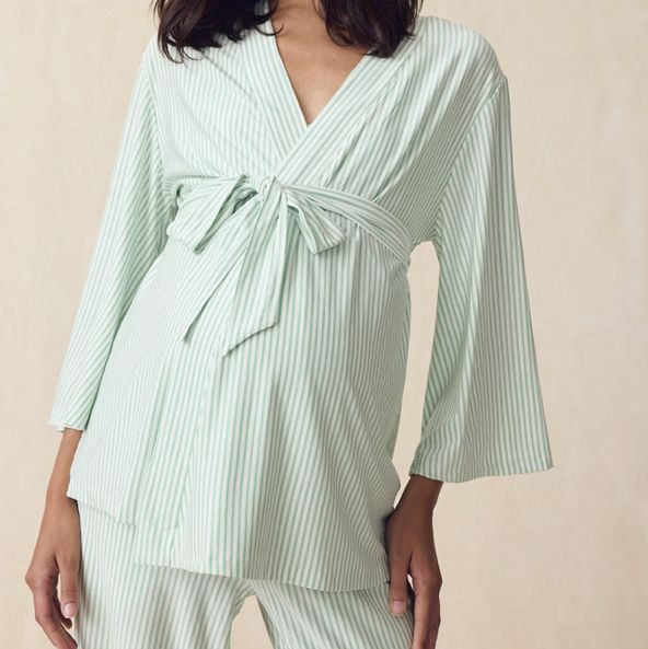 LAKE | Women | DreamModal® Pajamas | Parisian Green Pencil Stripe Maternity Kimono Bundle