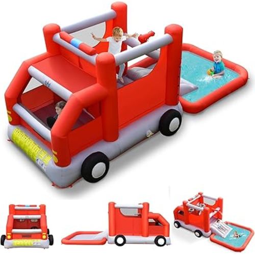 BOUNTECH Inflatable Water Bounce House, Fire Truck Water Park Bouncy Playhouse with Slide & Splash Pool Wet Dry Combo for Kids Outdoor, Water Slides for Kids Boys Girls Backyard Birthday Party Gifts