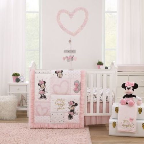 Disney Minnie Mouse My Happy Place Pink, Black, Gray, And White 3 Piece Nursery Crib Bedding Set
