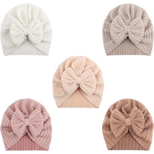DRESHOW BQUBO 5 Pieces Newborn Baby Turban Hats Bow Baby Infant Beanie Breathable Toddler Cap for Baby Girls 3-12 Months