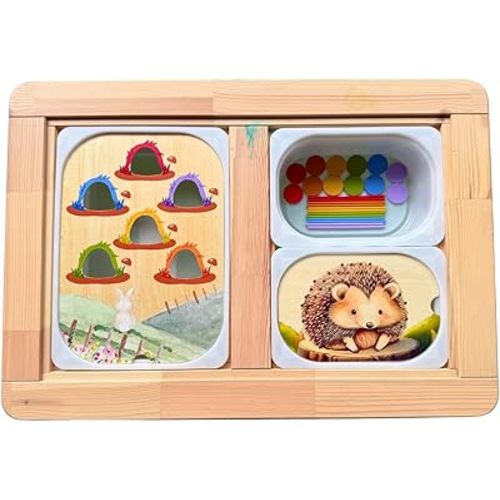 Flisat Sensory Table Inserts, Fits IKEA Flisat Table Trofast Tubs, 12 Wooden Sticks + 12 Coins + 2 Inserts (Large Bunny for Color Sorting and Small Porcupine for Peg Posting)
