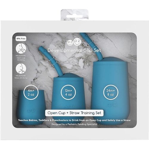 ezpz Developmental Cup Set (Blue) - 100% Silicone | Teaches Babies, Toddlers, and Preschoolers to Drink from an Open Cup and Safely Use a Straw - Designed by a Pediatric Feeding
