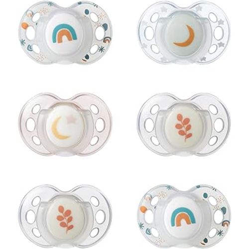 Tommee Tippee Night Time Pacifier, 18-36 Months, Symmetrical Silicone Baglet, BPA-Free Binkies, Glow in The Dark Technology, White Rainbow, Pack of 6