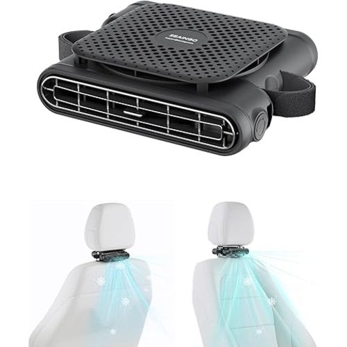 SEAINGO Car Seat Fan Dual Air Outlet for Driver Passenger Adjustable Direction and UD for Car Backseat Kids Powerful 3 Speeds USB Headrest Cooling Fan Easy Install Vehicle Fan for Car Van RV Truck