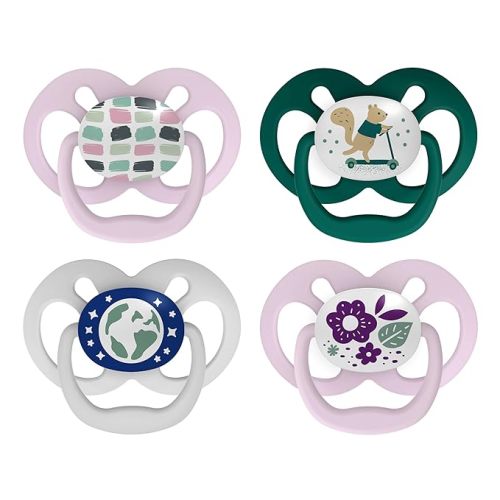 Dr. Brown's Advantage Glow-in-the-Dark Baby Pacifier, Fully Symmetrical Soother with Soft Silicone Bulb, Scooter Squirrel-Purple Nature, 6-18m, BPA Free, 4 Pack