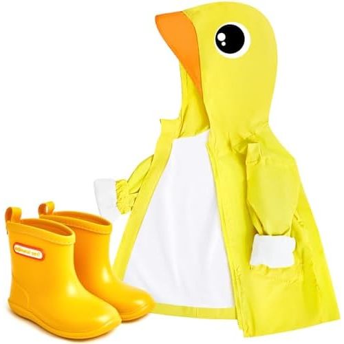 2 Pcs Toddler Raincoat Rain Boots Set Kids Girls Cartoon Zipper Jacket Short Rain Shoes for Baby Boys