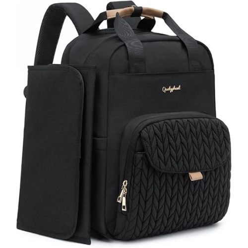 Extra Large Diaper Bag Backpack for Two Kids Twins - Expandable (26-36L) Baby Bag for Mom Girls Boys, Dual Big Compartments - Includes Changing Pad & Stroller Straps, Black, Quilted